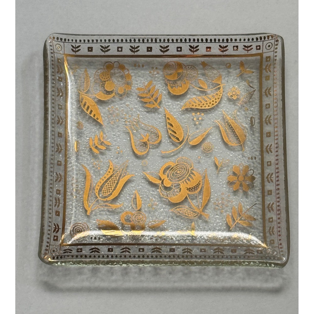 Vintage Georges Briard Gold Floral Textured Glass Square Trinket Dish Tray MCM